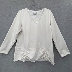 CMC Color Me Cotton Top Women XL White Ruched Hem V-Neck Long Sleeve Lagenlook